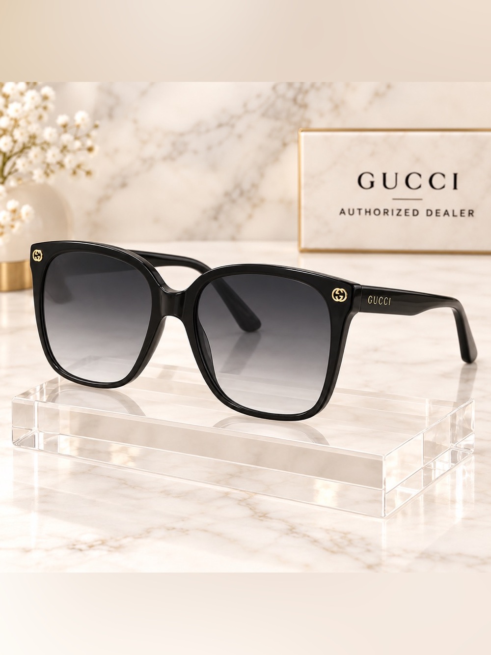 Gucci GG 0022S Black Oversized Gradient Square Sunglasses with Gold Accents